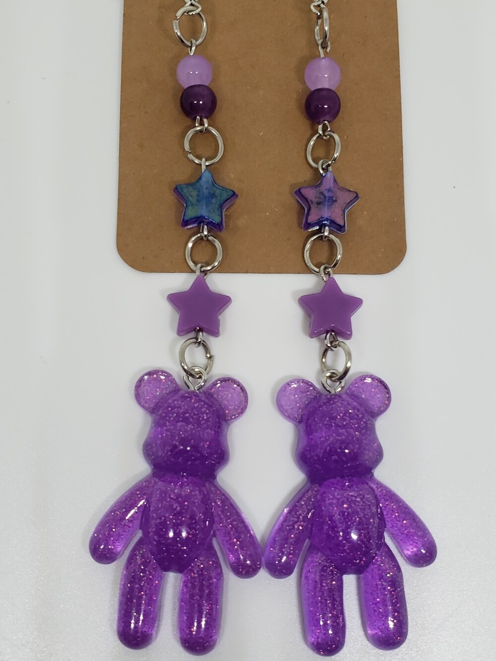 Handmade Beaded Neon Purple Glitter Teddy Bear Earrings